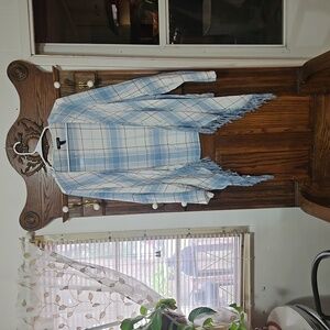 Torrid Cardigan Womens 2X Plaid Fringe Trim Challis Shirt Jacket Blue White Boho